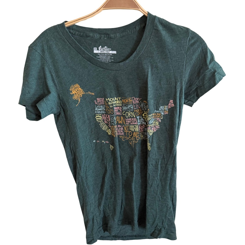 Vtg Threadless USA Map Graphic Tee Heather Green What I Know About the USA Small